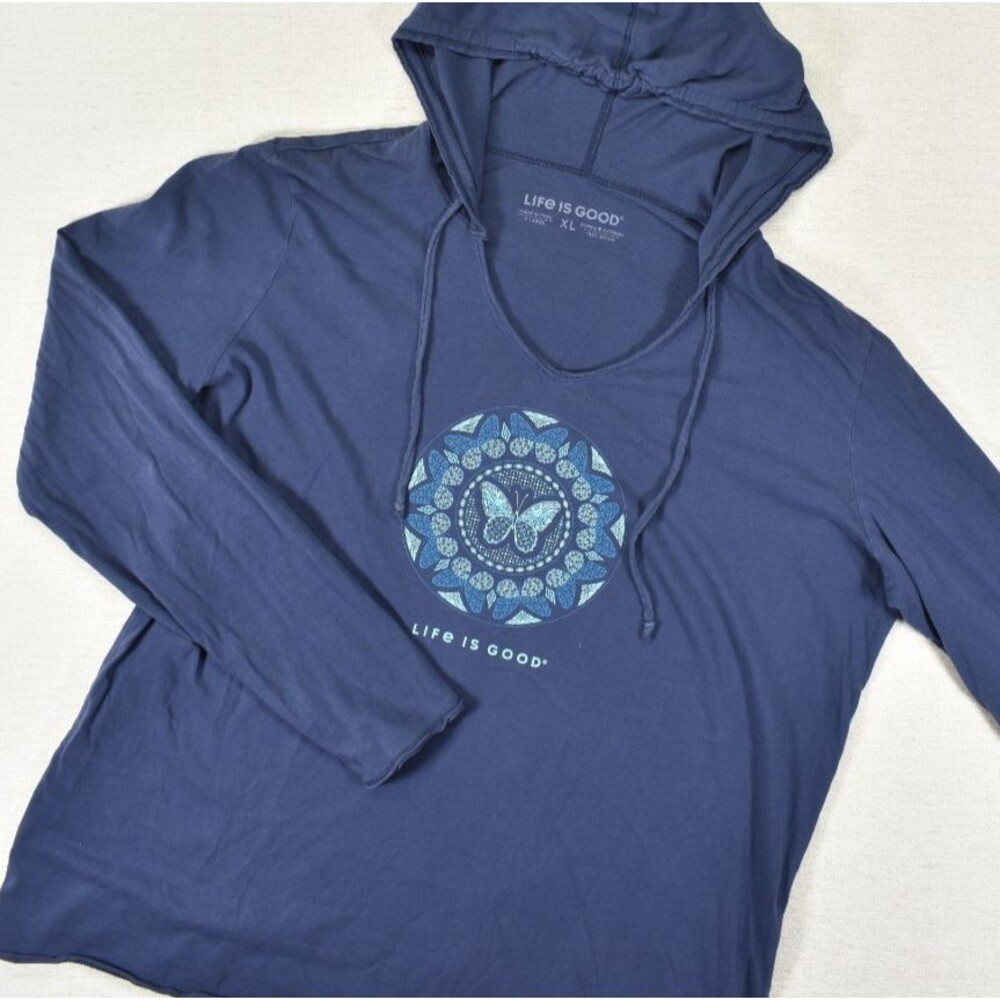 Life is Good Womens XL Blue Butterfly Mandala Lightweight Hoodie Long Sleeve